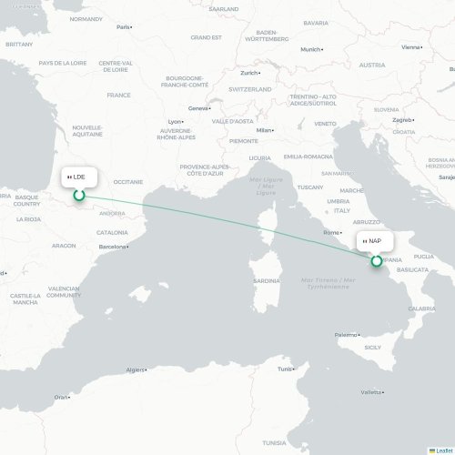 Mapa de vuelo directo Lourdes - Nápoles