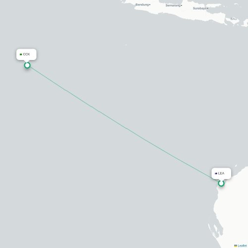 Learmonth – Cocos Islands suoran lennon kartta