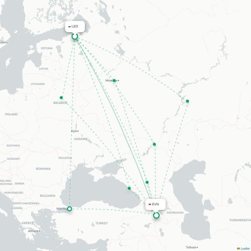 Mapa de vuelo directo San Petersburgo - Ereván
