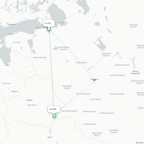Mapa de vuelo directo San Petersburgo - Homiel