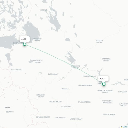 Mapa de vuelo directo San Petersburgo - Nizhny Novgorod