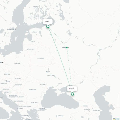 Mapa de vuelo directo San Petersburgo - Krasnodar