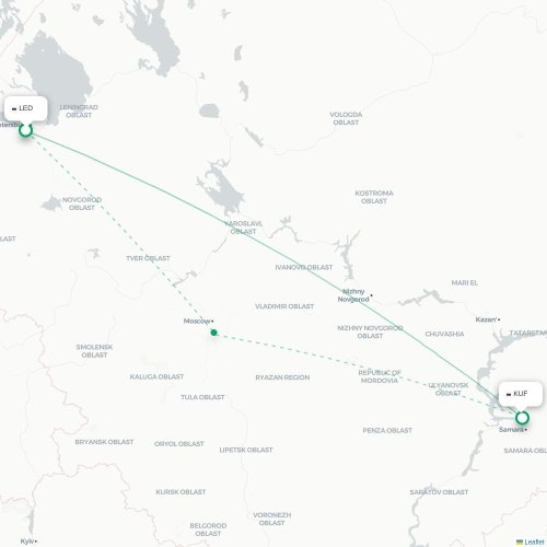 Mapa de vuelo directo San Petersburgo - Samara