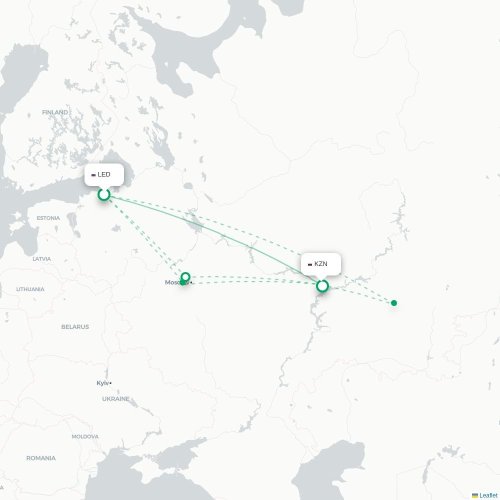 Mapa de vuelo directo San Petersburgo - Kazán