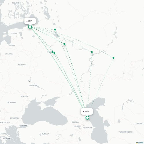 Mapa de vuelo directo San Petersburgo - Makhachkala