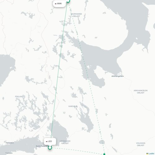 Mapa de vuelo directo San Petersburgo - Múrmansk
