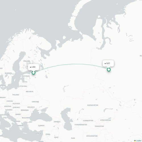 Mapa de vuelo directo San Petersburgo - Nizhnevártovsk