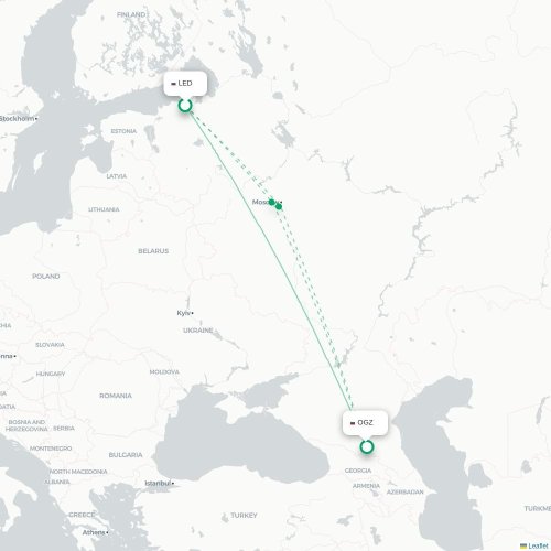 Mapa de vuelo directo San Petersburgo - Vladikavkaz