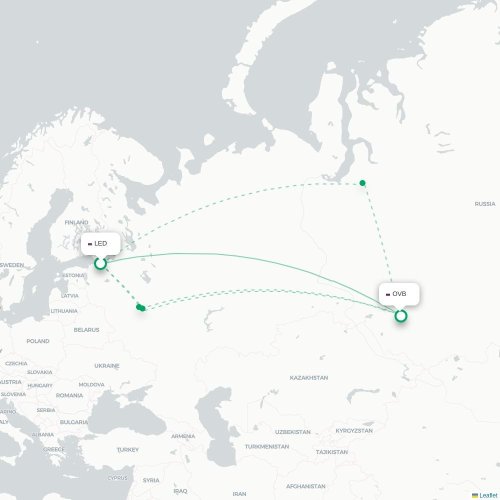 Mapa de vuelo directo San Petersburgo - Novosibirsk