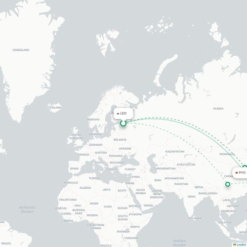 Mapa de vuelo directo San Petersburgo - Shangai