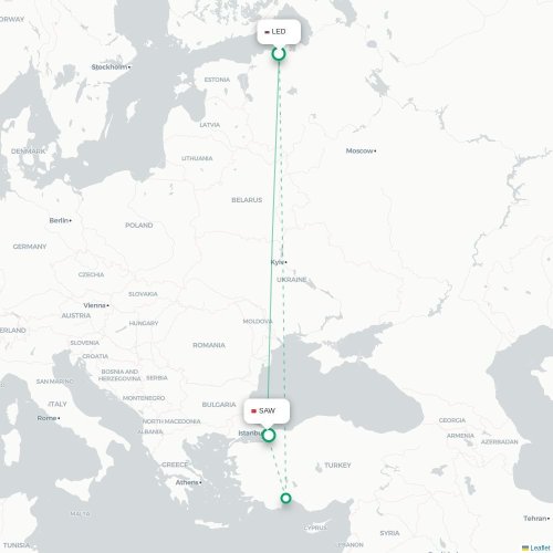 Mapa de vuelo directo San Petersburgo - Estambul