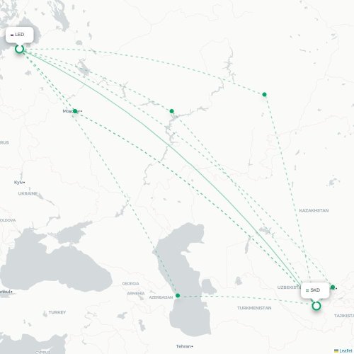 Mapa de vuelo directo San Petersburgo - Samarkanda