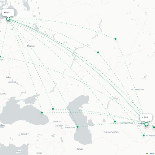 Mapa de vuelo directo San Petersburgo - Taskent