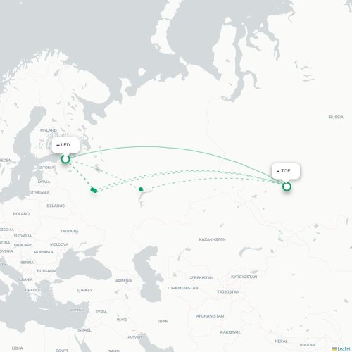 Mapa de vuelo directo San Petersburgo - Tomsk