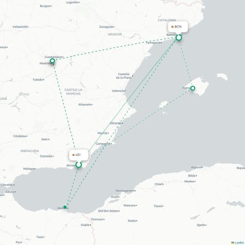 Mapa de vuelo directo Almería - Barcelona