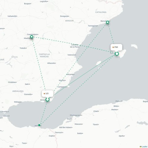 Mapa de vuelo directo Almería - Palma