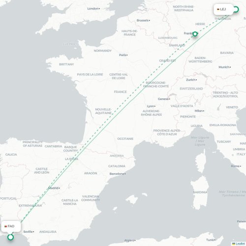 Mapa de vuelo directo Leipzig - Faro