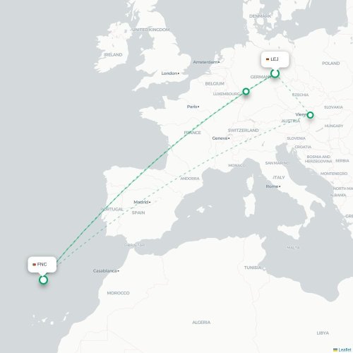 Mapa de vuelo directo Leipzig - Funchal