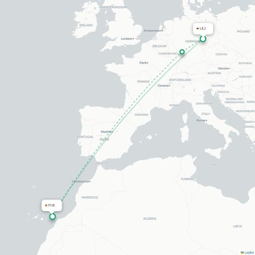 Mapa de vuelo directo Leipzig - Puerto del Rosario