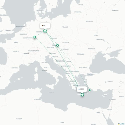 Mapa de vuelo directo Leipzig - Heraclión