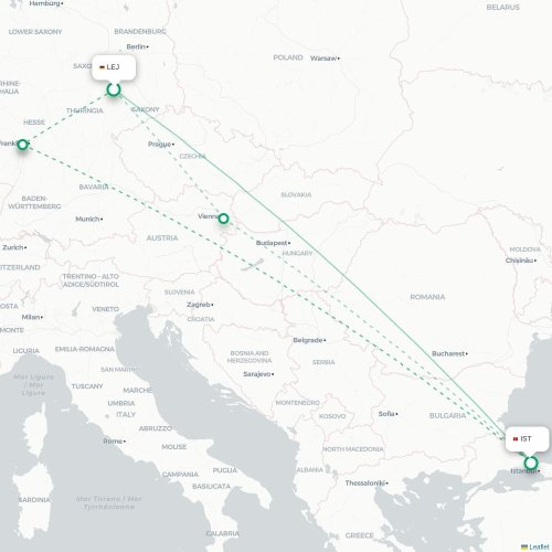 Mapa lotu bezpośredniego Lipsk – Stambuł
