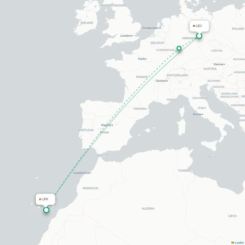 Mapa de vuelo directo Leipzig - Las Palmas de Gran Canaria