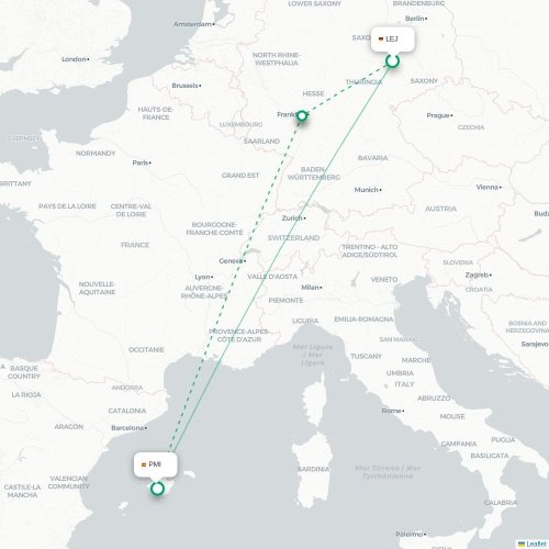Mapa de vuelo directo Leipzig - Palma