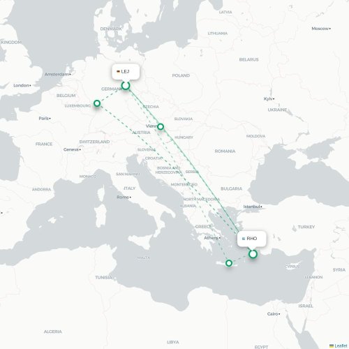 Mapa de vuelo directo Leipzig - Rodas