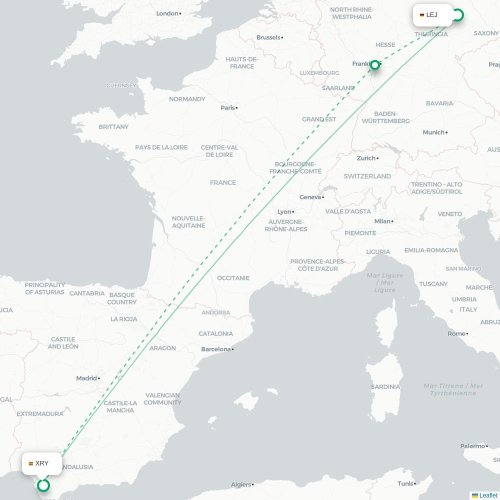 Mapa de vuelo directo Leipzig - Jerez de la Frontera