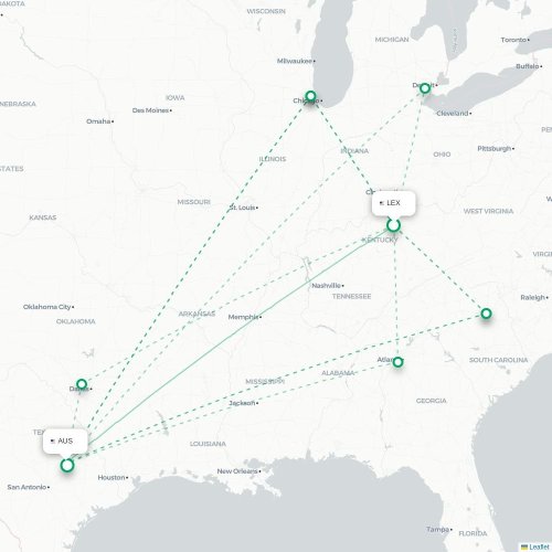 Mapa de vuelo directo Lexington - Austin