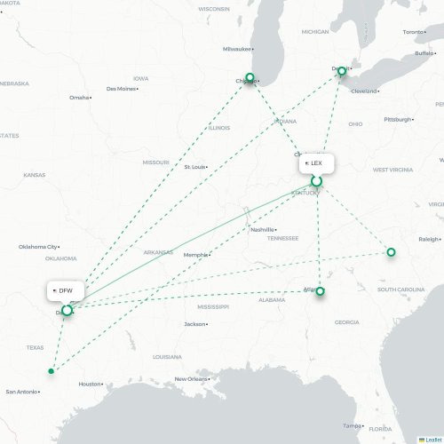 Lexington - Dallas kaart van rechtstreekse vlucht