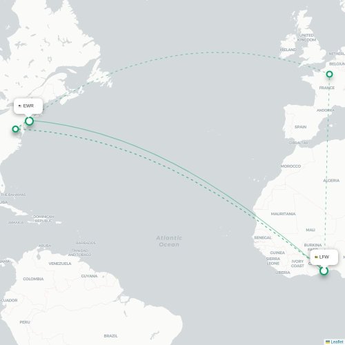 Lome - Newark karta över direktflyg