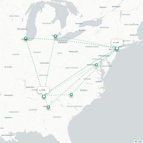 Mapa de vuelo directo Nueva York - Chattanooga
