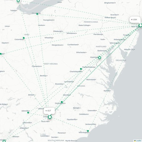Mapa de vuelo directo Nueva York - Charlotte