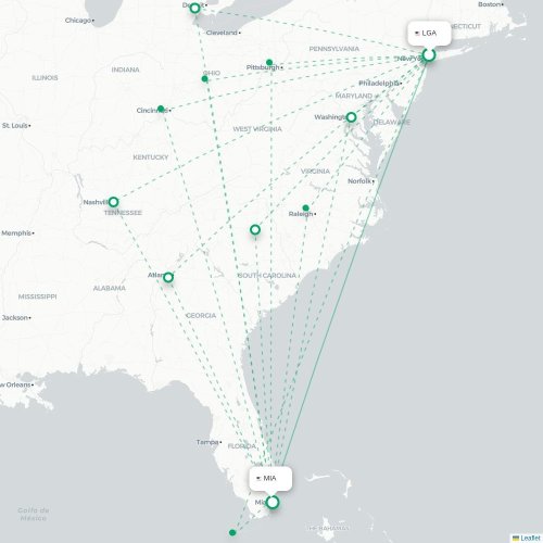 Mapa de vuelo directo Nueva York - Miami