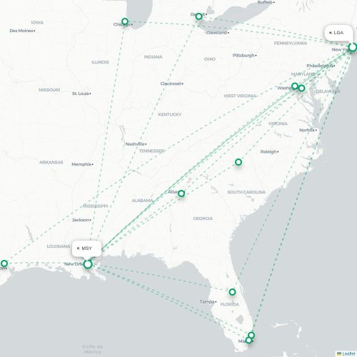 Mapa de vuelo directo Nueva York - Nueva Orleans