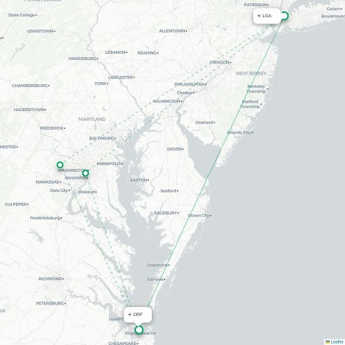 Mapa lotu bezpośredniego Nowy Jork – Norfolk