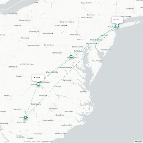 Mapa lotu bezpośredniego Nowy Jork – Roanoke