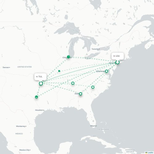 New York - Tulsa kaart van rechtstreekse vlucht