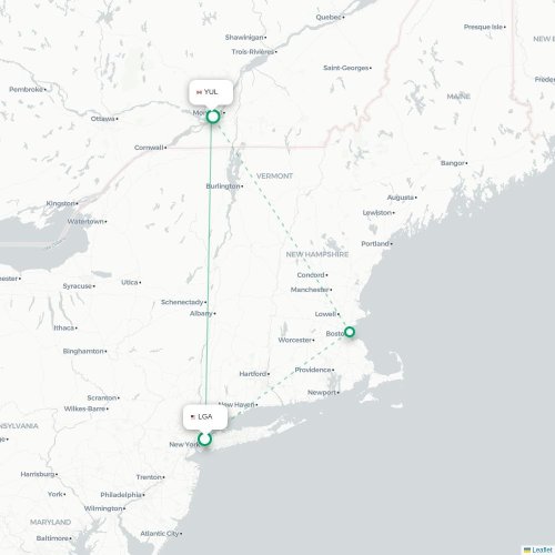 New York - Montréal kaart van rechtstreekse vlucht