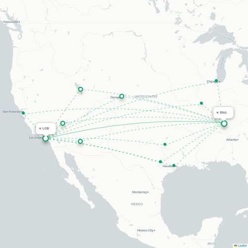 Mapa de vuelo directo Long Beach - Nashville