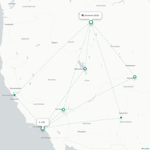 Mapa de vuelo directo Long Beach - Bozeman