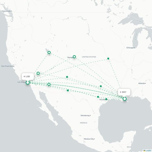 Mapa de vuelo directo Long Beach - Nueva Orleans