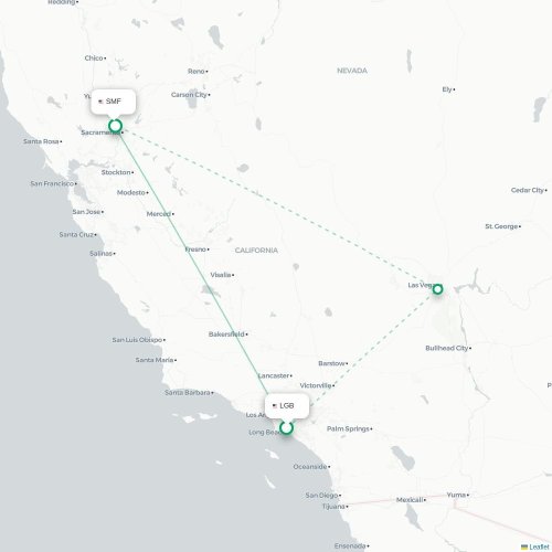 Mapa de vuelo directo Long Beach - Sacramento