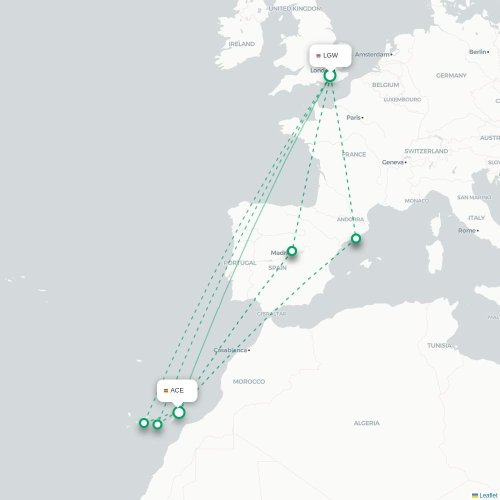 Mapa de vuelo directo Londres - Arrecife