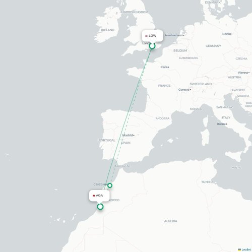 Mapa lotu bezpośredniego Londyn – Agadir