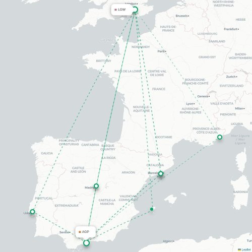 Mapa de vuelo directo Londres - Málaga