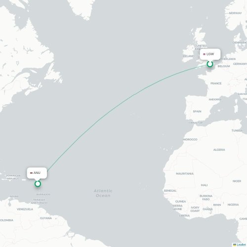 Mapa de vuelo directo Londres - Saint John's