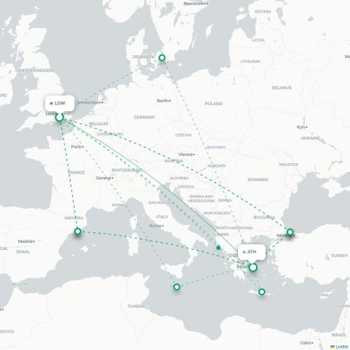 Mapa de vuelo directo Londres - Atenas