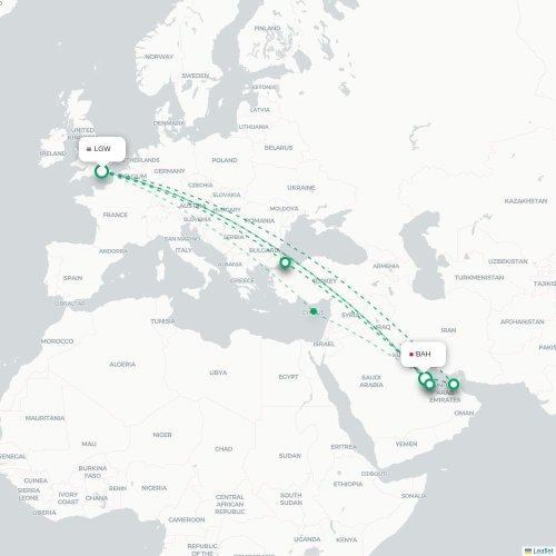 Mapa de vuelo directo Londres - Manama